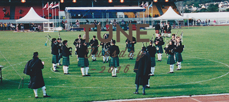 Paris Pipe Band playing in competition circle at Cowal Highland Gathering.